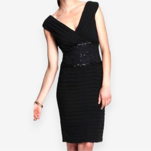 Tadashi Shoji Dresses & Skirts - Tadashi Shoji Black Silk Chiffon Pleated Beaded Lace Waist Evening Dress Size 8